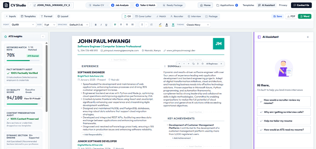 CV Studio Intelligent Resume Optimizer Interface